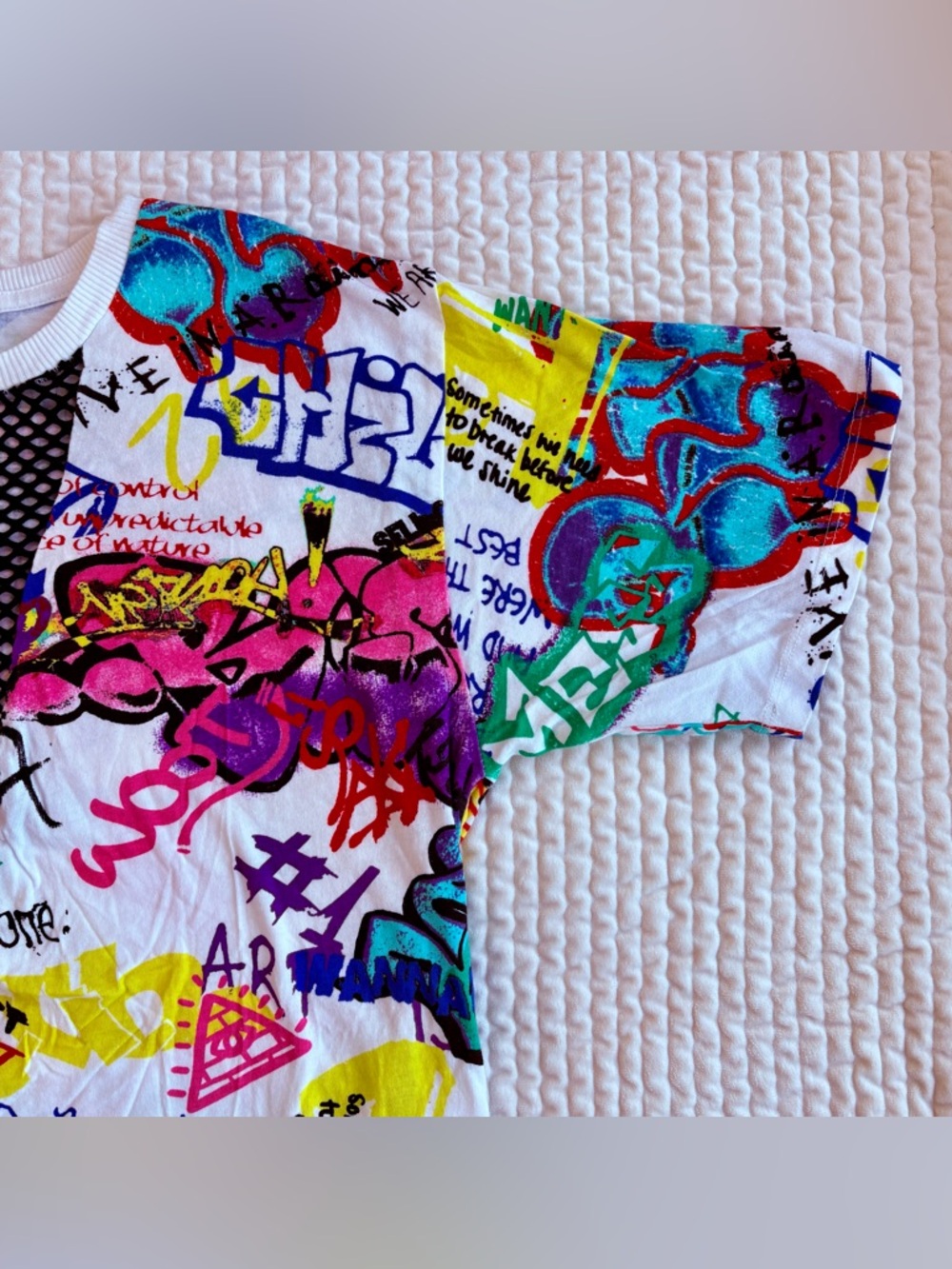 Multicolor Graphic Graffiti Mesh Lace Crewneck Urban Street T-shirt Top Women M - Picture 3 of 10